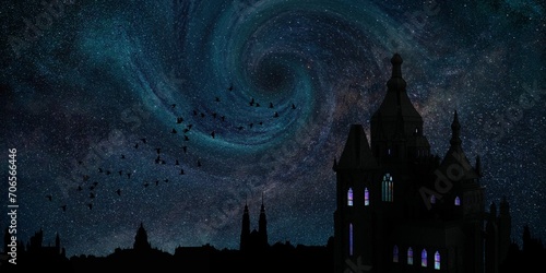 Fototapeta Naklejka Na Ścianę i Meble -  Fantasy illustration of a church against the background of the starry sky