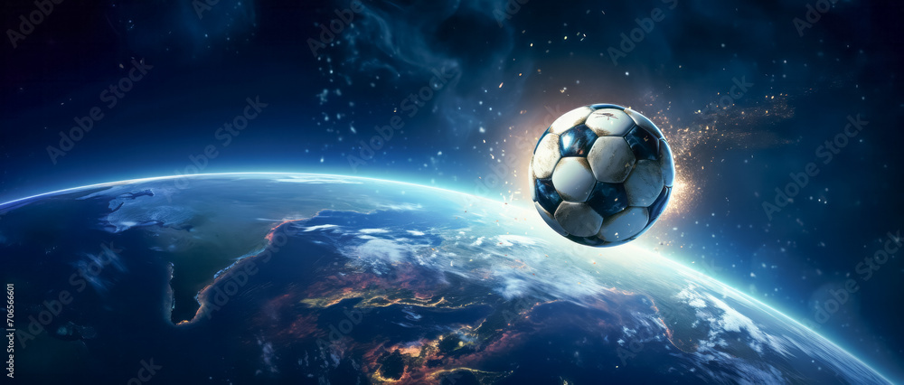 Fototapeta premium Soccer ball orbiting earth in a cosmic football concept