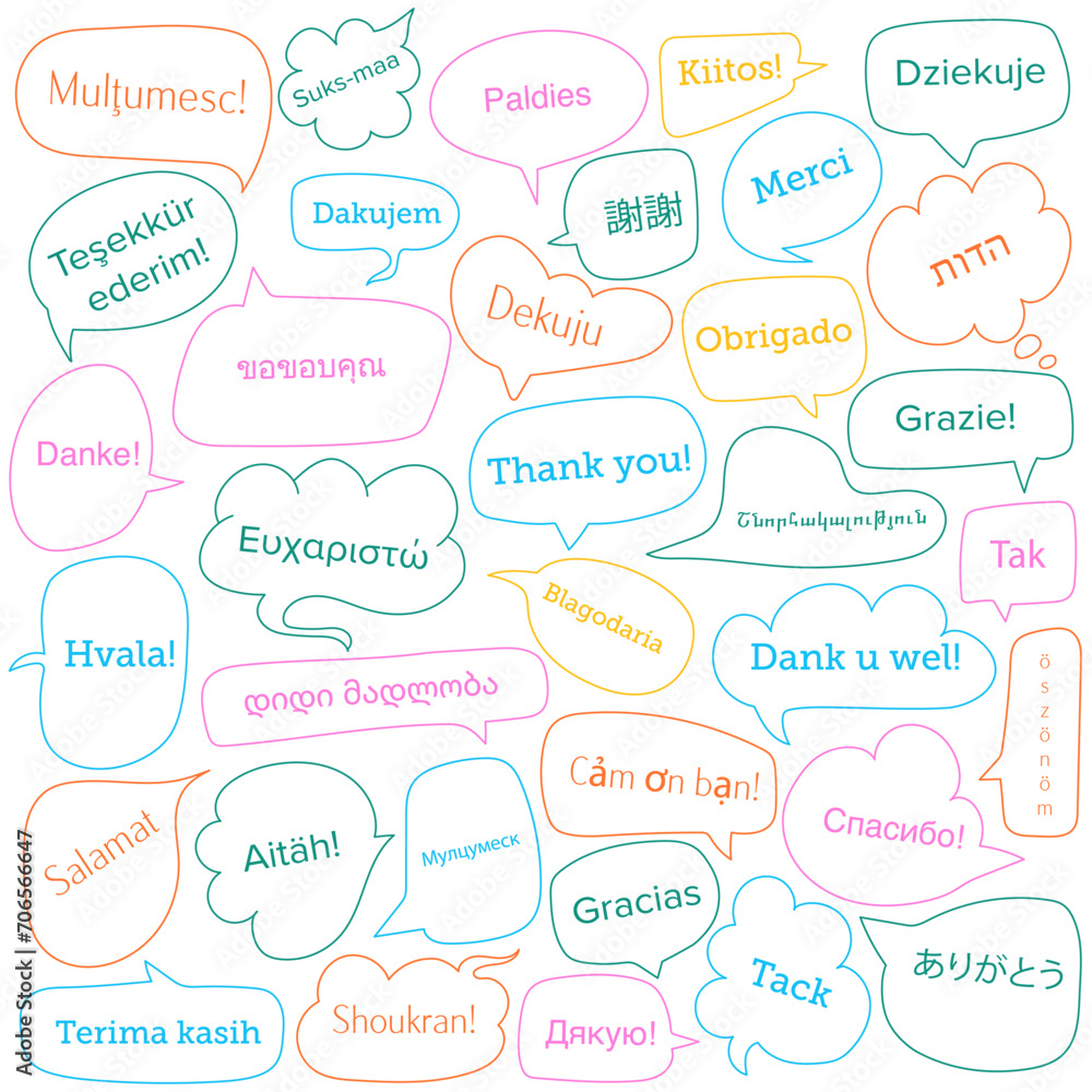 International Thank you day concept. Colorful hand drawn bubble speech with text in different languages