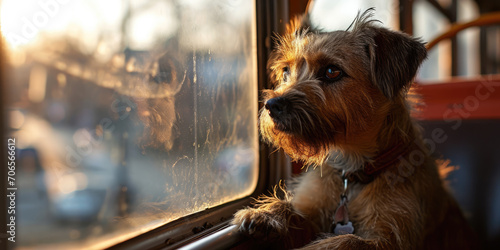 Kleiner Hund sitzt auf einem Bussitz und blickt aus dem Fenster