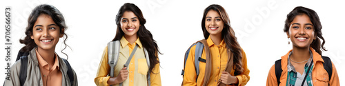 A set of Indian girl student smiling happily isolated on a transparent background PNG