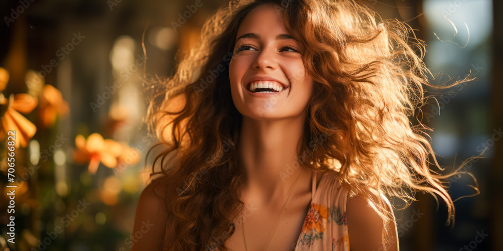Portrait of a beautiful young woman with wavy hair.