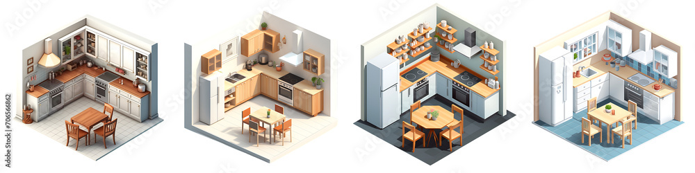 A set of Isometric view of the Kitchen interior isolated on a transparent background PNG A set of Isometric view of the Kitchen interior isolated on a transparent background PNG