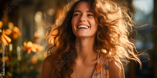Portrait of a beautiful young woman with wavy hair.