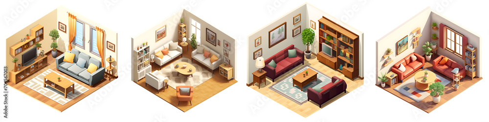 A set of isometric view of Living room interior isolated on a transparent background PNG
