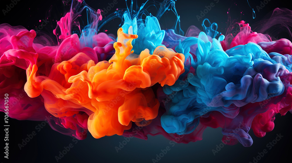 Fototapeta premium Vibrant Colorful Splash Paint Smoke Dark Background Generative AI