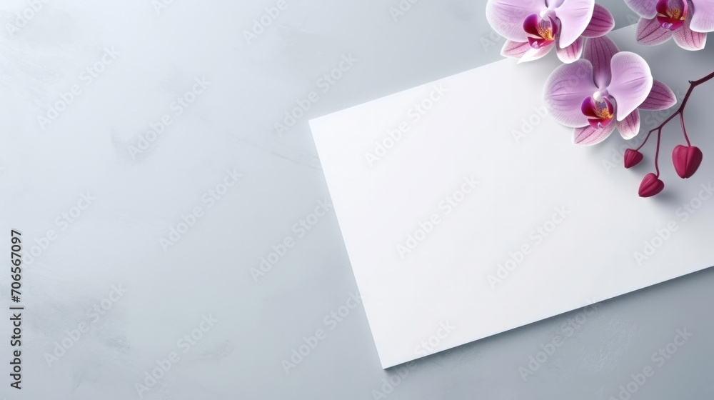 Greeting Cards mockup, empty white blanks, envelopes and magenta orchid flower on smooth grey background with copy space, greeting card template, invitation. Greeting Cards mockup, empty white blanks, envelopes and magenta orchid flower on smooth grey background with copy space, greeting card template, invitation.