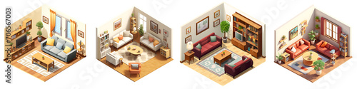 A set of isometric view of Living room interior isolated on a transparent background PNG © Asiri