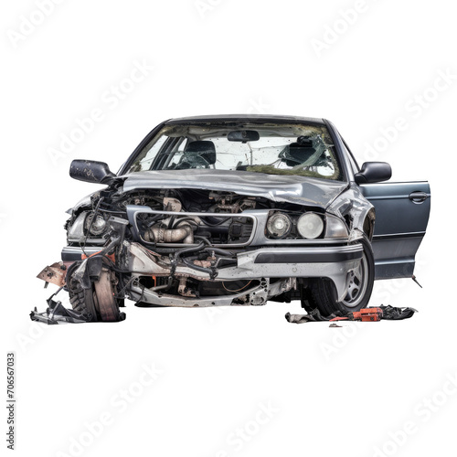 Front side of crashed car from accident on a cutout PNG transparent bakcgroung