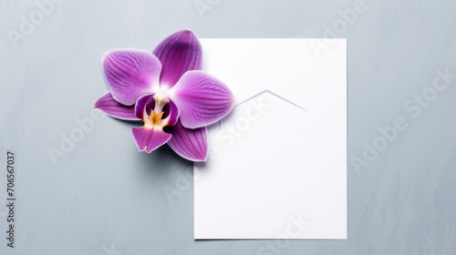 Greeting Cards mockup  empty white blanks  envelopes and magenta orchid flower on smooth grey background with copy space  greeting card template  invitation.