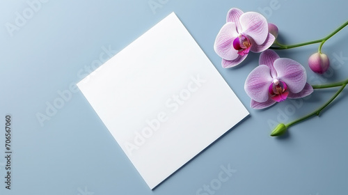 Greeting Cards mockup, empty white blanks, envelopes and magenta orchid flower on smooth grey background with copy space, greeting card template, invitation.