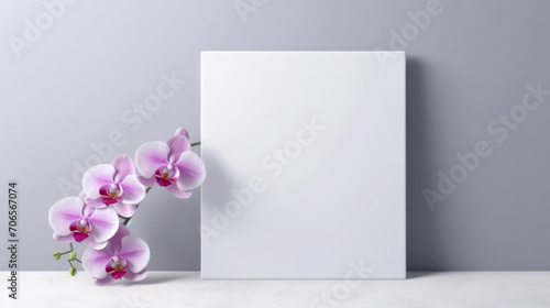 Greeting Cards mockup, empty white blanks, envelopes and magenta orchid flower on smooth grey background with copy space, greeting card template, invitation. photo