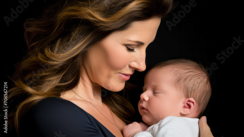 Beautiful young mother with her newborn baby on a black background.