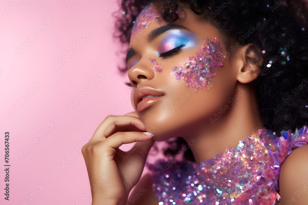 Fototapeta premium Fashion editorial Concept. Stunning beautiful black woman high fashion striking pastel colourful glitter shimmer sparkle. illuminated with dynamic composition and dramatic lighting. copy text space 