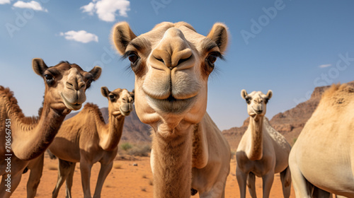 beautiful camels close up in the desert.