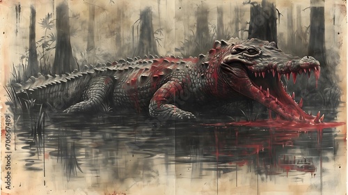 Majestic Crocodile Lurking in the Misty Swamp Waters at Twilight. A solitary crocodile rests with an imposing presence amid the eerie mist of a swamp as the evening light fades away.