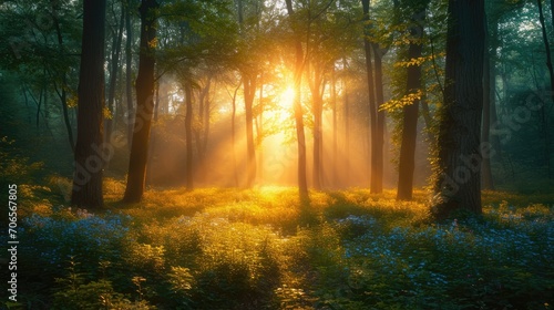 Sunset in the forest, sunlight breaks through the trees of the summer forest