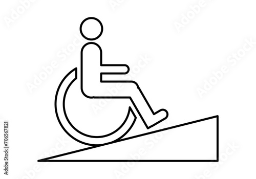 Icono negro de cuesta con persona en silla de ruedas de accesibilidad. 