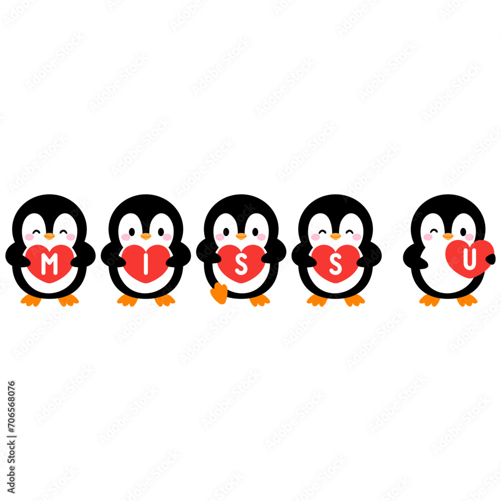 Fototapeta premium cute 5 penguin is holding a miss u sign