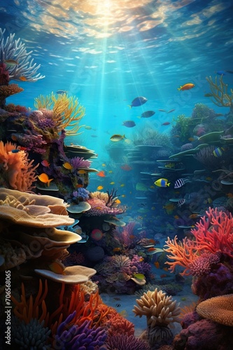 sea colourful reef and coral underwater  life under blue ocean water  colorful undersea  multicolored image
