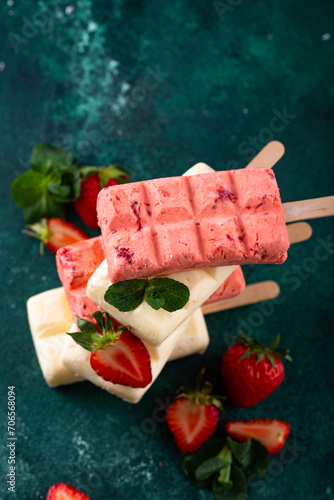 Strawberry ice cream popsicle with mint