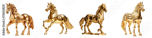 A set of Statue of a standing horse made of gold isolated on a transparent background PNG