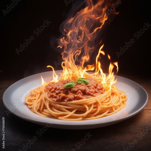 A spaghetti on a plate with smoke background ,generative AI
