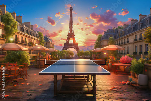 a table tennis sport with the eiffel tower in the background at Olympic games of 2024 in Paris
