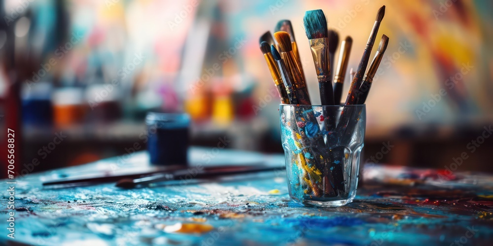 On the blurred art office table brimming with an array of vividly colored brushes takes center stage. Against this creative backdrop, a mesmerizing fusion of colors and textures awakens the senses On the blurred art office table brimming with an array of vividly colored brushes takes center stage. Against this creative backdrop, a mesmerizing fusion of colors and textures awakens the senses