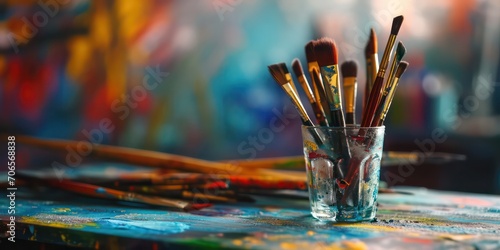 On the blurred art office table brimming with an array of vividly colored brushes takes center stage. Against this creative backdrop, a mesmerizing fusion of colors and textures awakens the senses