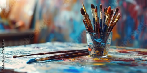 On the blurred art office table brimming with an array of vividly colored brushes takes center stage. Against this creative backdrop, a mesmerizing fusion of colors and textures awakens the senses photo