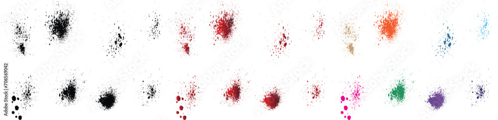 Dirty artistic set of blood drops and splatter isolated black, red, orange, purple, wheat, green color brush stroke design element background