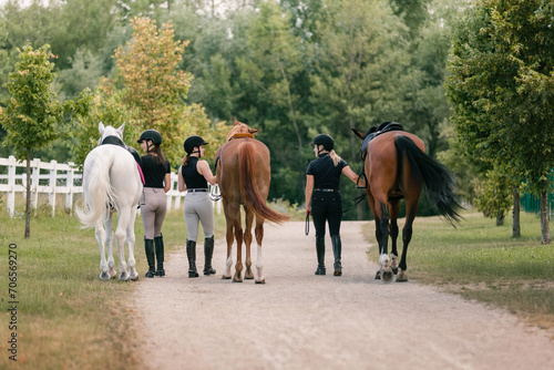 Female riders in equestrian clothes holding the reins and leading her beautiful saddled chestnut horse. Horseback riding activity concept.