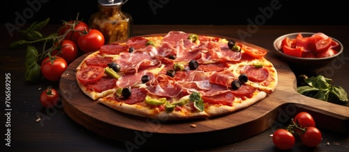 Wooden board on table with sliced ham pizza, capsicum, and olives