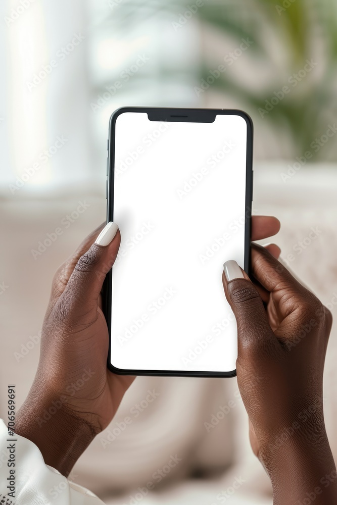 Young African American woman hands holding cell phone with blank screen. Beautiful hands holding a phone with blank screen.
