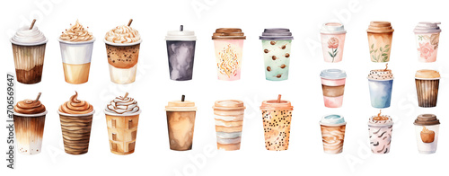 A cup of coffee tea watercolor style illustration of glass of hot with whipped cream, png transparent background crop image for usecollection set.