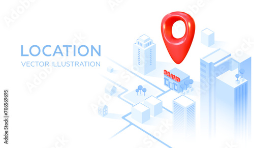Red 3D geolocation sign in the city. Indicates the desired store, brand or location. Red geopin. Geolocation map mark. Vector illustration