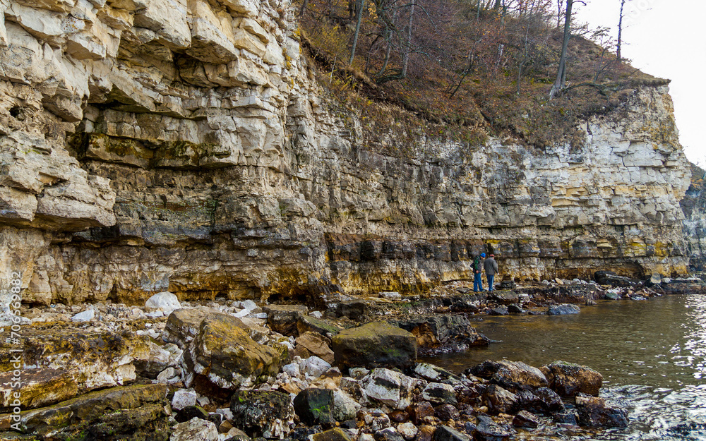rocks on the bank of the Volga river in the Zhiguli mountains on an autumn day