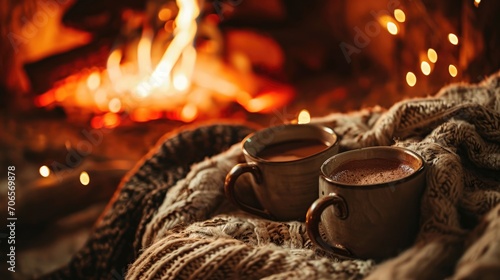 Cozy fireplace with two mugs of hot cocoa on a warm blanket, celebrating Valentine's Day with a special someone in a cozy cabin.
