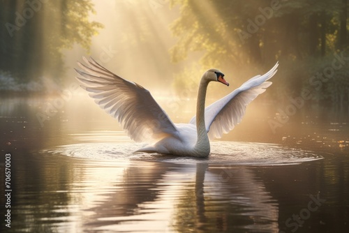 A swan gracefully flaps its wings as it swims in a tranquil lake  A swan gliding gracefully across a serene lake  AI Generated