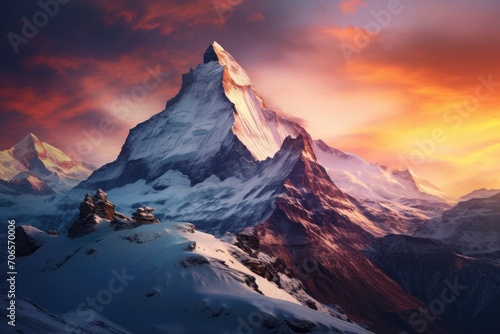 A majestic snow covered mountain surrounded by a cloudy sky, A surreal snow-capped mountain range during sunset, AI Generated