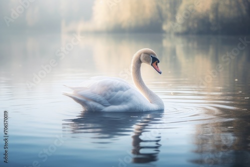 A beautiful white swan glides effortlessly on top of a serene body of water, A swan gliding gracefully across a serene lake, AI Generated