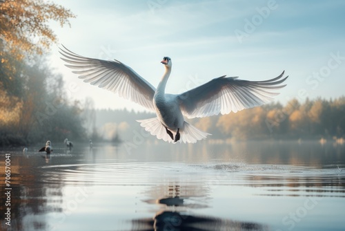 A magnificent white bird gracefully flies across a picturesque body of water, A swan gliding gracefully across a serene lake, AI Generated