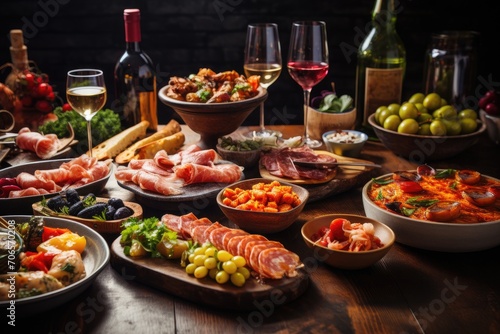 A variety of different types of food displayed on a wooden table, A table spread of Spanish tapas with sangria, AI Generated
