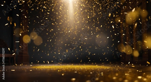 Empty stage with golden confetti falling on the floor and spotlights in dark room, abstract golden bokeh background with copy space for product presentation mockup