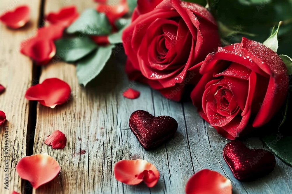 Roses and a hearts on wooden board, Valentines Day background, wedding day. generative ai. Roses and a hearts on wooden board, Valentines Day background, wedding day. generative ai.
