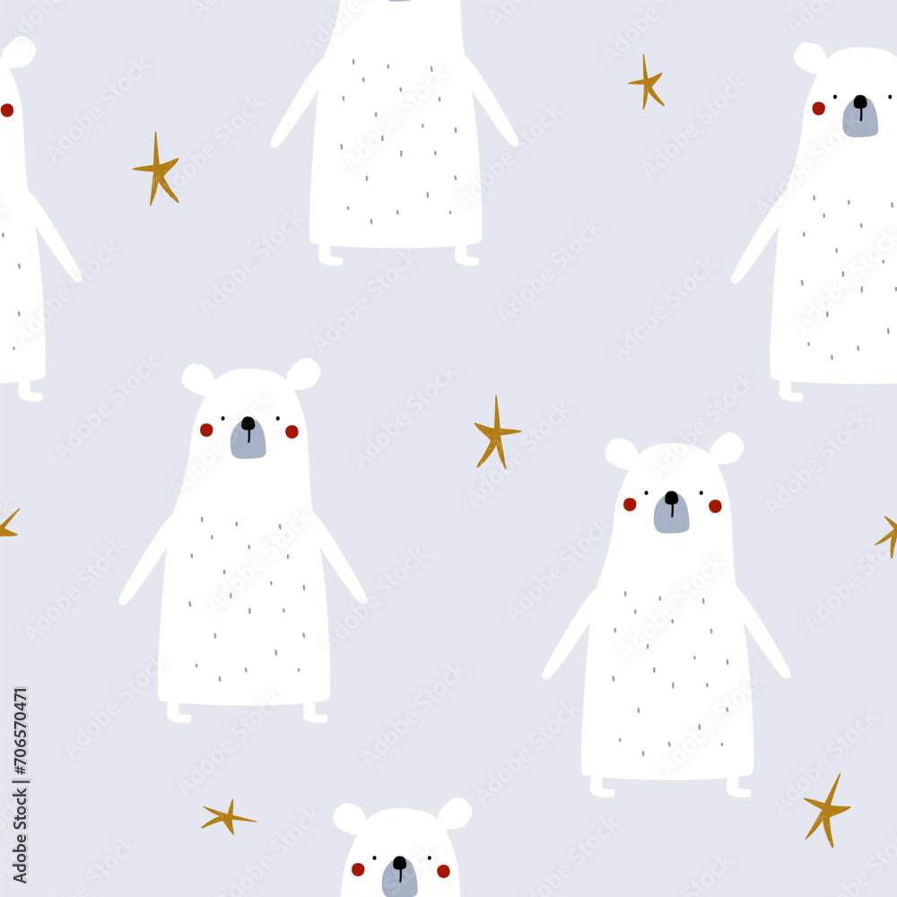 Funny winter seamless pattern with polar bear and stars. Kids print. Vector hand drawn illustration.