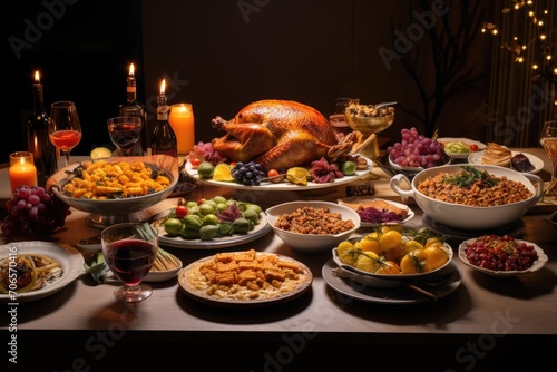 An inviting table featuring an array of delicious food and elegant candles illuminating the setting, A Thanksgiving feast with all the traditional dishes, AI Generated