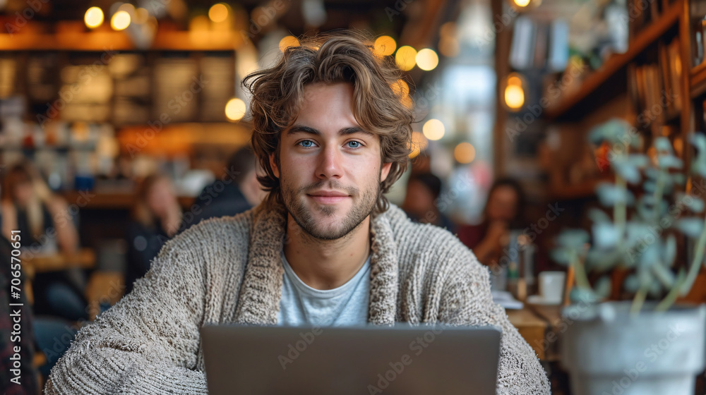 Young Man Working on Laptop in Coffee Shop Young Man Working on Laptop in Coffee Shop