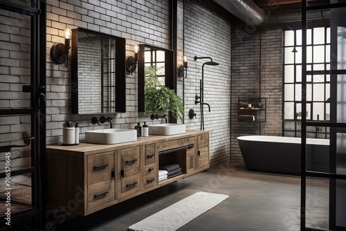 Bathroom: industrial elegance, white bricks, raw wood, exposed ductwork, black metal detailing. Generative AI photo